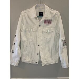 ZARA Man White Denim Jacket Sz S Barcode Abstract Art Print Graphic Streetwear